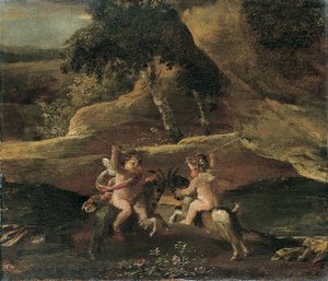 Putti Fighting on Goats