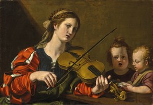 A Woman Playing the Violin with Two Children Singing by Nicolas Tournier