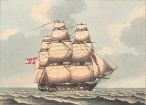 A Danish frigate, seen in lee, with side wind