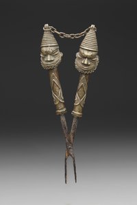 Figurated tongs for Oshugbo Society rituals by Nigerian Nigerian