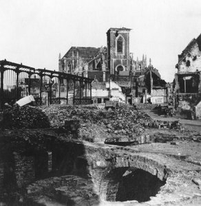 Damaged exterior of the Church of St Vaast, Armentières, France, World War I