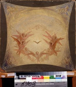 Cherubs. Seraphim with 6 wings from Christian mythology, surrounding a radiant dove (Holy Spirit).