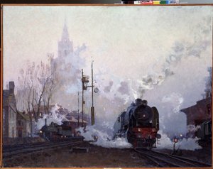 On the Way. Steam locomotives drown the urban landscape in the smoke from their chimneys