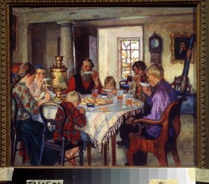 New Homeowners, Large Family at the Table Drinking Tea in Their New House