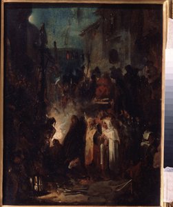 Autodafe. Street Scene at Night After Inquisition Tribunal Judgment