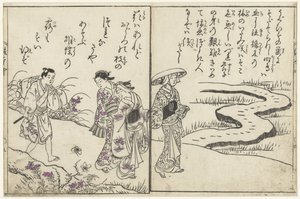 Walkers in a Landscape with Flowers by Nishikawa Sukenobu (attributed to)