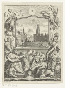 Cityscape with Dom Church in Utrecht and Allegory with Utrecht City Maiden (Title Page for: Elias de Vries, Dissertatio juridica, de jure naturali ac gentium, seu duobus prioribus juris fontibus, 1745)