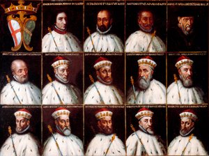 Coat of Arms of the Republic of Genoa and Portraits of the Doges - Simone Boccanegra, Ottaviano Fregoso, Antoniotto II Adorno, Andrea Doria, Oberto Cattaneo Lazzari, Battista Spinola, Battista Lomellini, Cristoforo Grilaldi Rosso, Giovanni Battista Doria by Northern Italian School