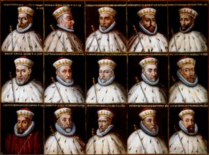 Coat of arms of the Republic of Genoa and portraits of the Doges. Gio. Battista Gentile Pignolo, Nicolò Doria, Gerolamo De Franchi Toso, Gerolamo Chiavari, Ambrogio Di Negro, Davide Vacca (or Vaccari), Battista Negrone, Gio Giustiniani Campi, Antonio Grima by Northern Italian School