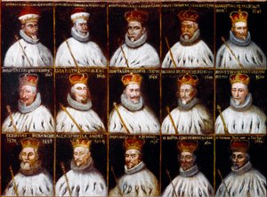 Coat of arms of the Republic of Genoa and portraits of the Doges. Giovanni Stefano Doria, Francesco Gio. Brignole Sale, Agostino Pallavicini, Giov.Battista Durazzo, Agostino Giovanni De Marini, Giovan Battista Lercari, Luca Giustiniani, Giovanni Battista L by Northern Italian School