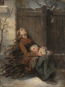 Destitute Dead Mother holding her sleeping Child in Winter by Octave Tassaert