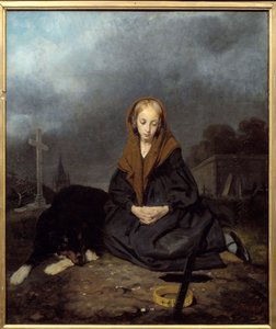 Young girl at the cemetery. Painting by Octave Tassaert (1800-1874) 1840