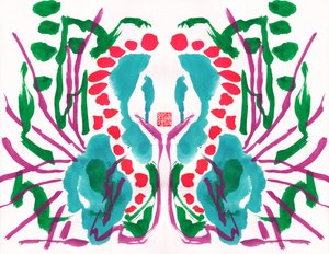 Peacock Green Red Floral Pattern by Odilia W. Y. Fu