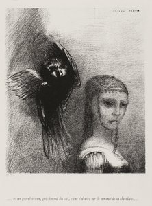 And a Large Bird, Descending From the Sky, Hurls Itself Against the Topmost Point of Her Hair (plate 3 of 10) by Odilon Redon