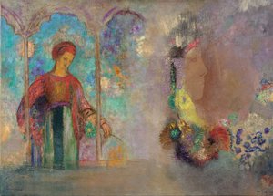 Woman in a gothic arcade - Woman with flowers by Odilon Redon