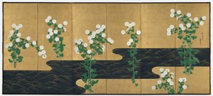 Chrysanthemums by a Stream, pair of six-panel folding screens