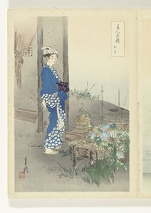 Poetess Kaga no Chiyo (title on object: Comparisons Between Beauties and Flowers, Bijin hana kurabe)