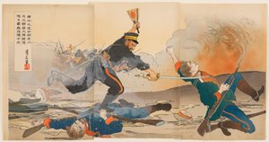 At the Battle of Nanshan, First Lieutenant Shibakawa Matasaburō Led His Men by Holding up a Rising Sun War Fan by Ogata Gessan