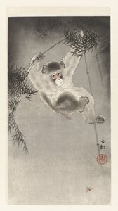 Monkey Hanging from Bamboo Branch by Ohara Koson