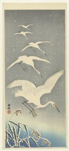 Descending Egrets in Snow by Ohara Koson