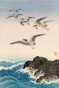 Five Seagulls Above a Rock in the Sea by Ohara Koson