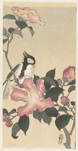 Great Tit on Branch with Pink Flowers by Ohara Koson