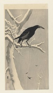 Crow on Snowy Tree Branch by Ohara Koson