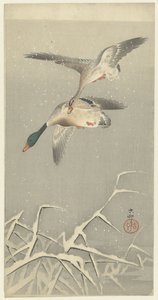 Two Wild Ducks in Flight by Ohara Koson