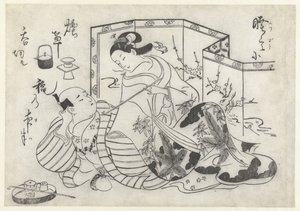 Japanese Man and Woman, Smoking in Front of a Screen by Okumura Masanobu (attributed to)