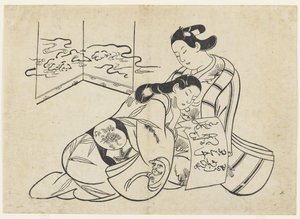 (Lovers as Mitate of Daruma Crossing the Yangtze River on a Reed) by Okumura Masanobu