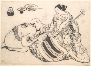 A Man in a Kneeling Posture Bending Forward and Listening to an Oiran who is Playing the Shamisen by Okumura Masanobu