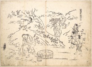 Faggot-Gatherer Finds Boy with Sparrow by Okumura Masanobu