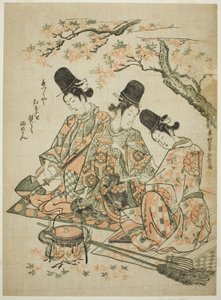 Parody of Palace Attendants Burning Maple Leaves to Heat Sake from "The Tale of Heike" by Okumura Masanobu