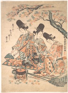 Parody of Palace Servants Heating Sake over a Fire of Maple Leaves by Okumura Masanobu