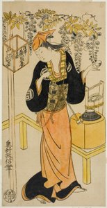 The Actor Sanogawa Mangiku I as Ohatsu in the play "Sogazaki Shinju," performed at the Nakamura Theater in the fourth month, 1719