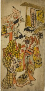 The Actors Sanjo Kantaro II as Osome and Ichikawa Monnosuke as Hisamatsu in the Play "Osome Hisamatsu Tamoto no Shiro Shibori," Performed at the Morita Theater, 1720