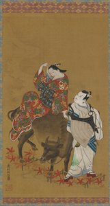 Two Kabuki Actors in the Roles of a Courtesan on a Water Buffalo and a Traveling Priest by Okumura Masanobu