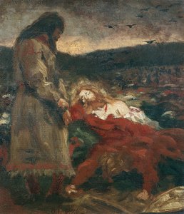 Tore Hund by the dead body of Olaf the Holy at Stiklestad by Olaf Isaachsen