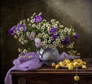 Daisies and Yellow Cherries by Olga Aleksandrovna