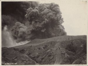 Man with Horse by a Smoking Volcano in the Dutch East Indies