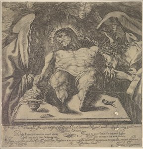 Lamentation over the body of Christ by the three Marys, a jar of ointment on the table