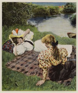 Two young women relaxing on a riverbank discussing being in love by Oscar Bluhm