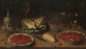 Still Life with Artichoke, Fruit in Kraak Porcelain Ware, a Salt Cellar/Pepper Castor