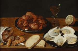 Still Life with Oysters, Pastries, Lemon, and Wine Glass