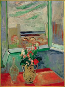 Levanto I: Bouquet of Flowers at Window with Bridge by Oskar Moll