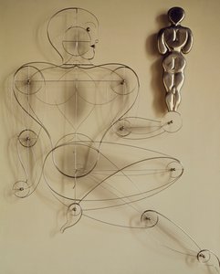Homo, wire figure with rear view figure in its hand