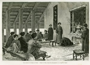 A wedding ceremony at Tonkin. Engraving to illustrate the story Trente mois au Tonkin, in 1884, by Dr Paul Hocquard, in le tour du monde 1890, under the direction of Edouard Charton, Hachette, Paris.