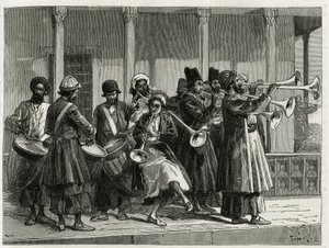 Musicians greeting the sunrise in Isfahan (or Isfahan, Iran city). Engraving by Tofani, to illustrate the story 