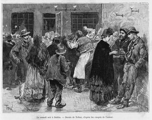 Saturday night in Dublin. Engraving by Tofani, to illustrate the story Trois mois en Irlande, in 1889, by Marie Anne de Bovet, in le tour du monde 1890, directed by Edouard Charton, Hachette, Paris