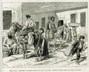 Small businesses, newspaper dealers, dairy, fruit vendors etc... in the streets of Buenos Aires (Argentina). Engraving by Tofani to illustrate the story Voyage a la Plata, three months of vacation by Emile Blaireaux in 1886, in the tour du monde 1887, unde
